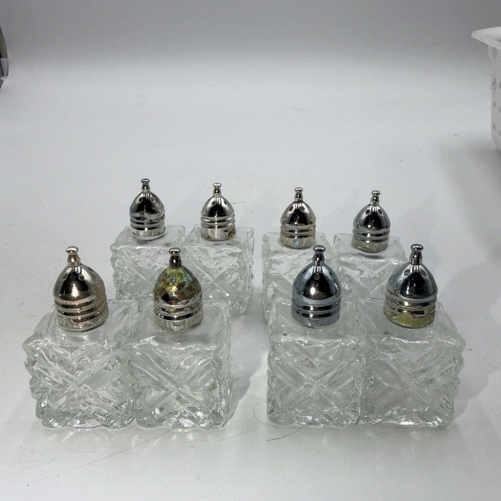 Vtg Set 8 Leonard Crystal Mini Salt & Pepper Shakers Silver Tops Japan